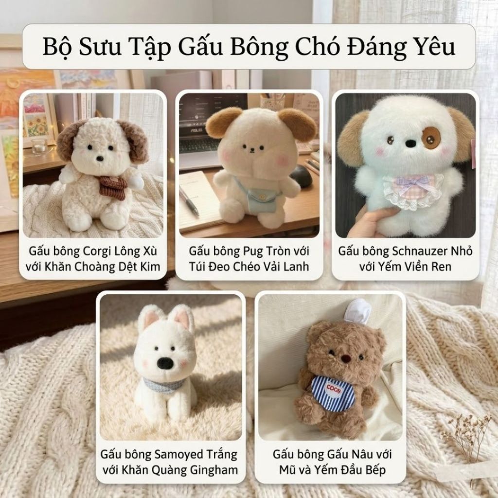 Bộ Sưu Tập Gấu Bông Cún Chó Con Mini Đáng Yêu, Cún Chó Bông Lông Mềm Mại Kèm Nhiều Phụ Kiện Quà Tặng Đáng Yêu Cho Bé