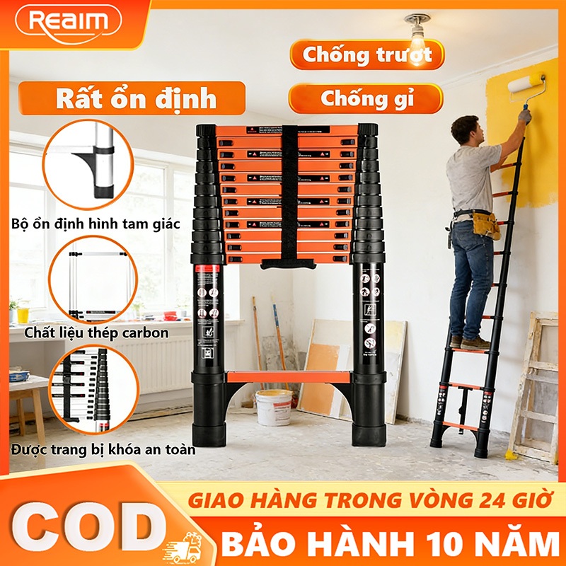 Thang Nhôm Rút Thẳng Thép Carbon Cao Cấp Nhập Khẩu Thang Rút Thuận Tiện Thích Hợp Nhiều Công Việc Kích thước (1,9m–5.9m)