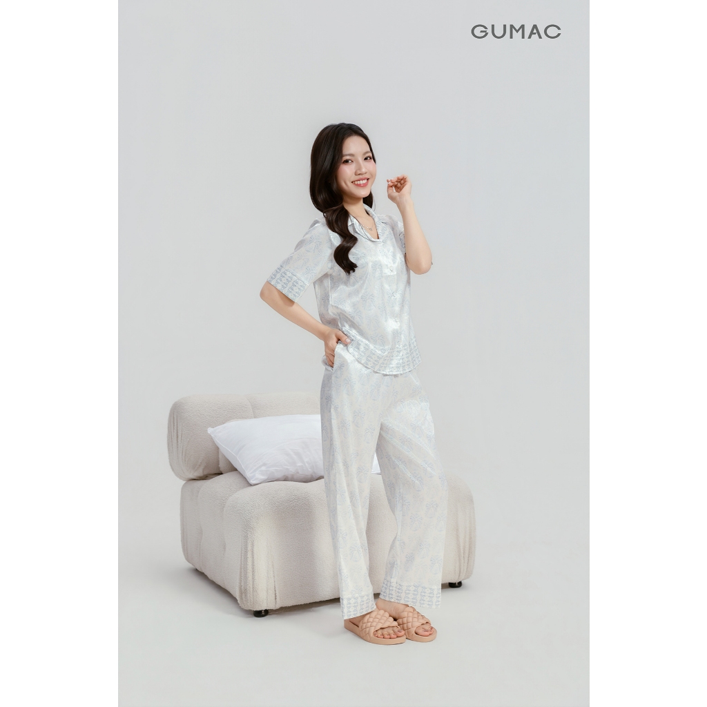 Bộ ngủ nữ Pyjama mặc nhà cao cấp GUMAC quần dài chất liệu lụa vân gỗ mềm mịn thoáng mát