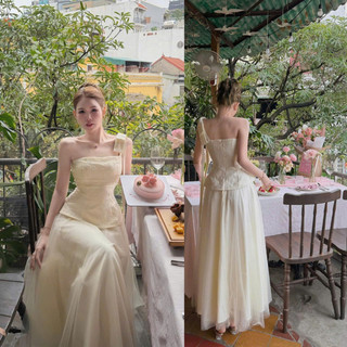 ZIMM STORE-Đầm Thiết Kế Cao Cấp Trễ Vai Màu Kem Nude Chất Tơ Pháp Phối Von Lưới