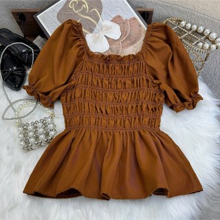 Áo Kiểu Nữ Có Bigsize Tay Phồng Nhún Bèo Vạt Xòe Dễ Thương Thân Nhún Chun Co Giãn Vải Lụa Chéo SM33