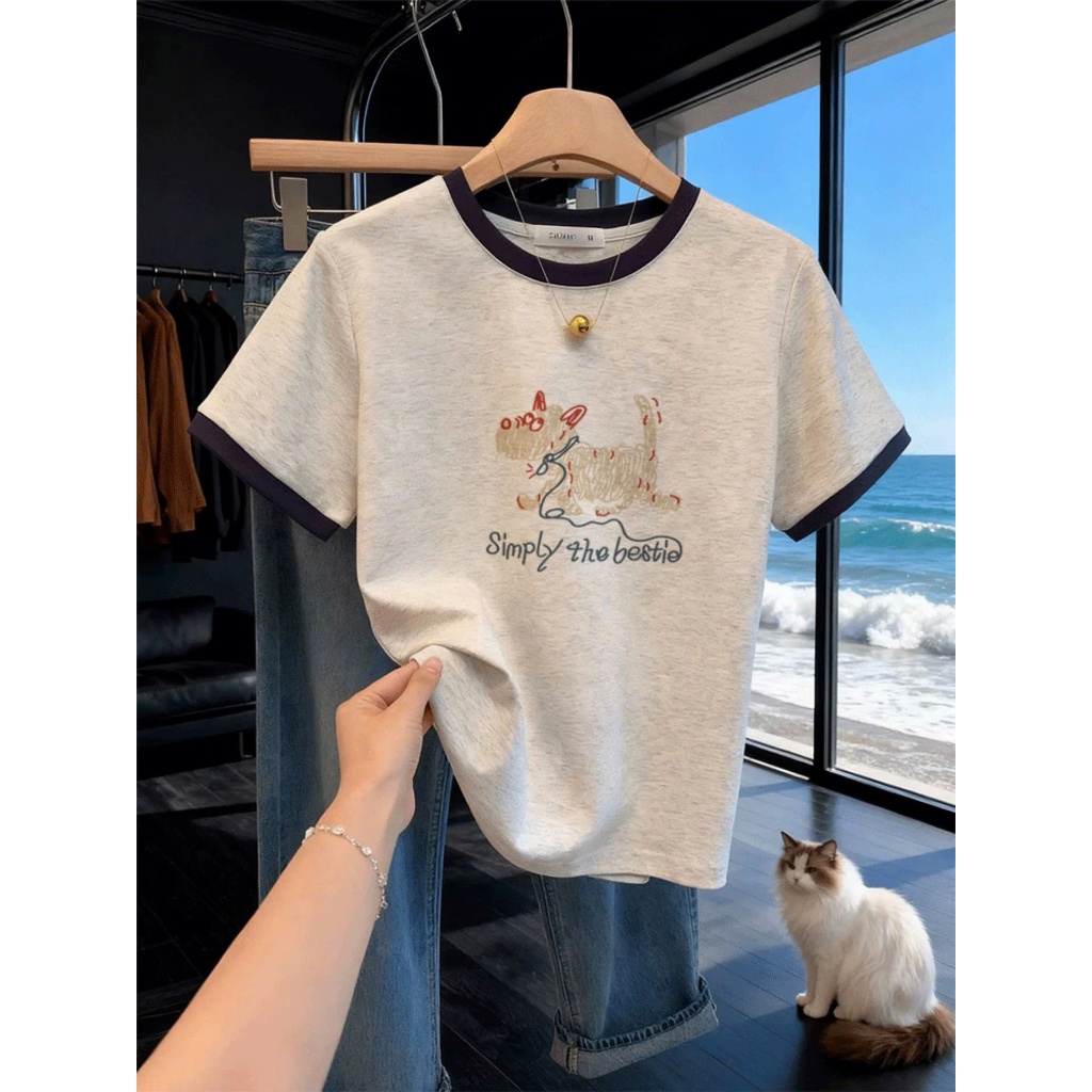 Áo thun nữ chất xượt bo viền, dáng vừa in hình xinh xắn JULY FASHION,Áo nữ Chất vải mềm mịn, mát mẻ