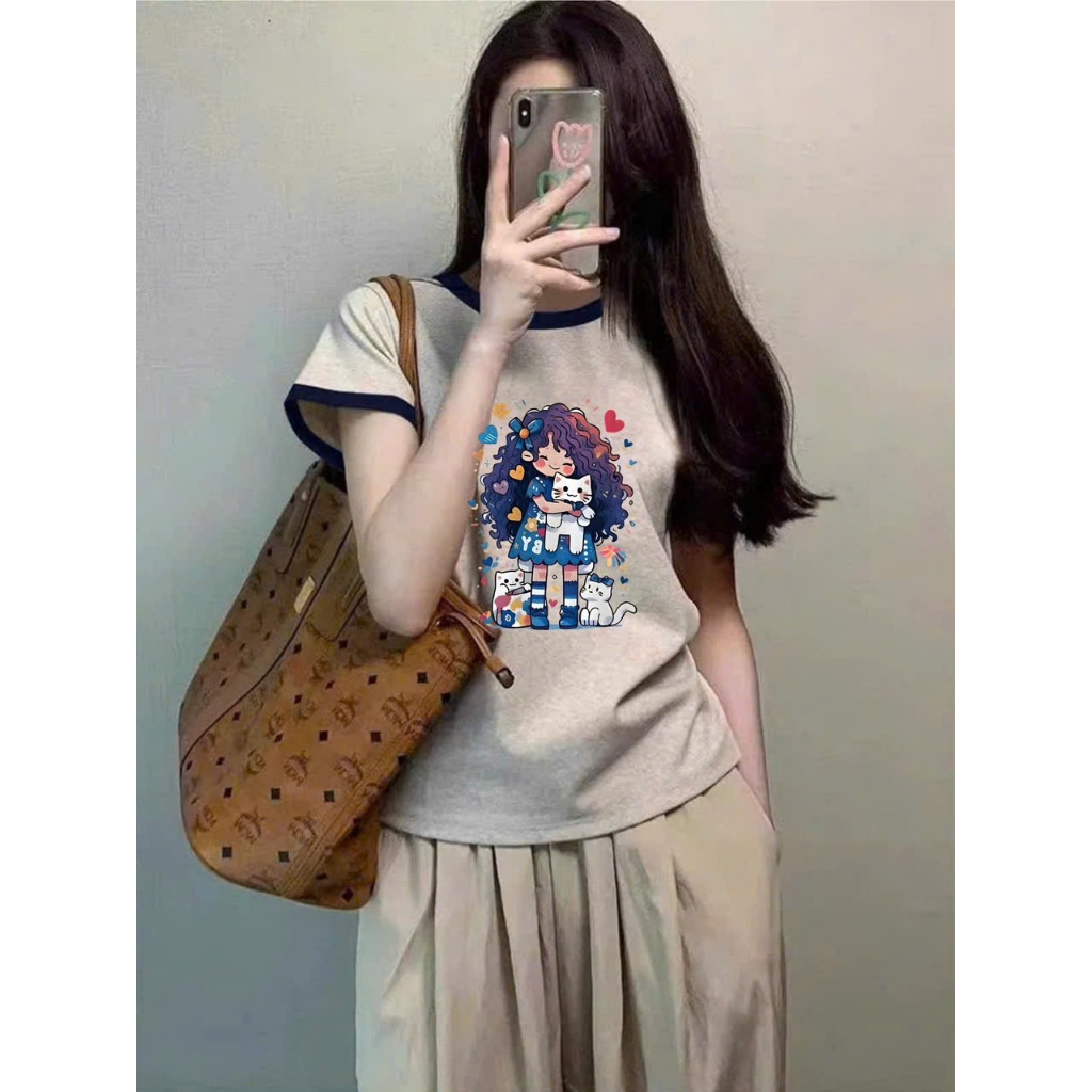 Áo thun nữ chất xượt bo viền, dáng vừa in hình xinh xắn JULY FASHION,Áo nữ Chất vải mềm mịn, mát mẻ