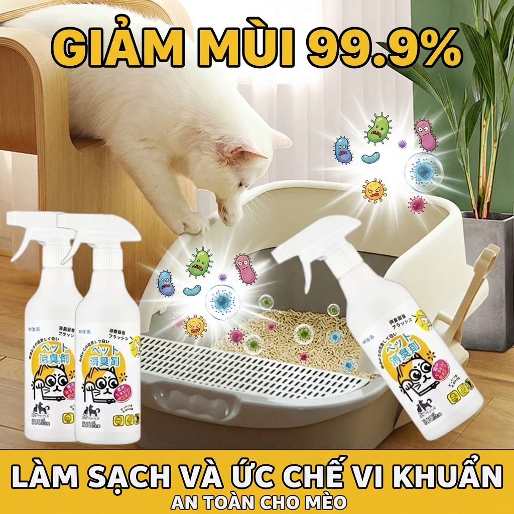 🐾 Xịt khử mùi thú cưng – Loại bỏ mùi nước tiểu mèo, mùi chó, cát mèo & diệt khuẩn 99,9%