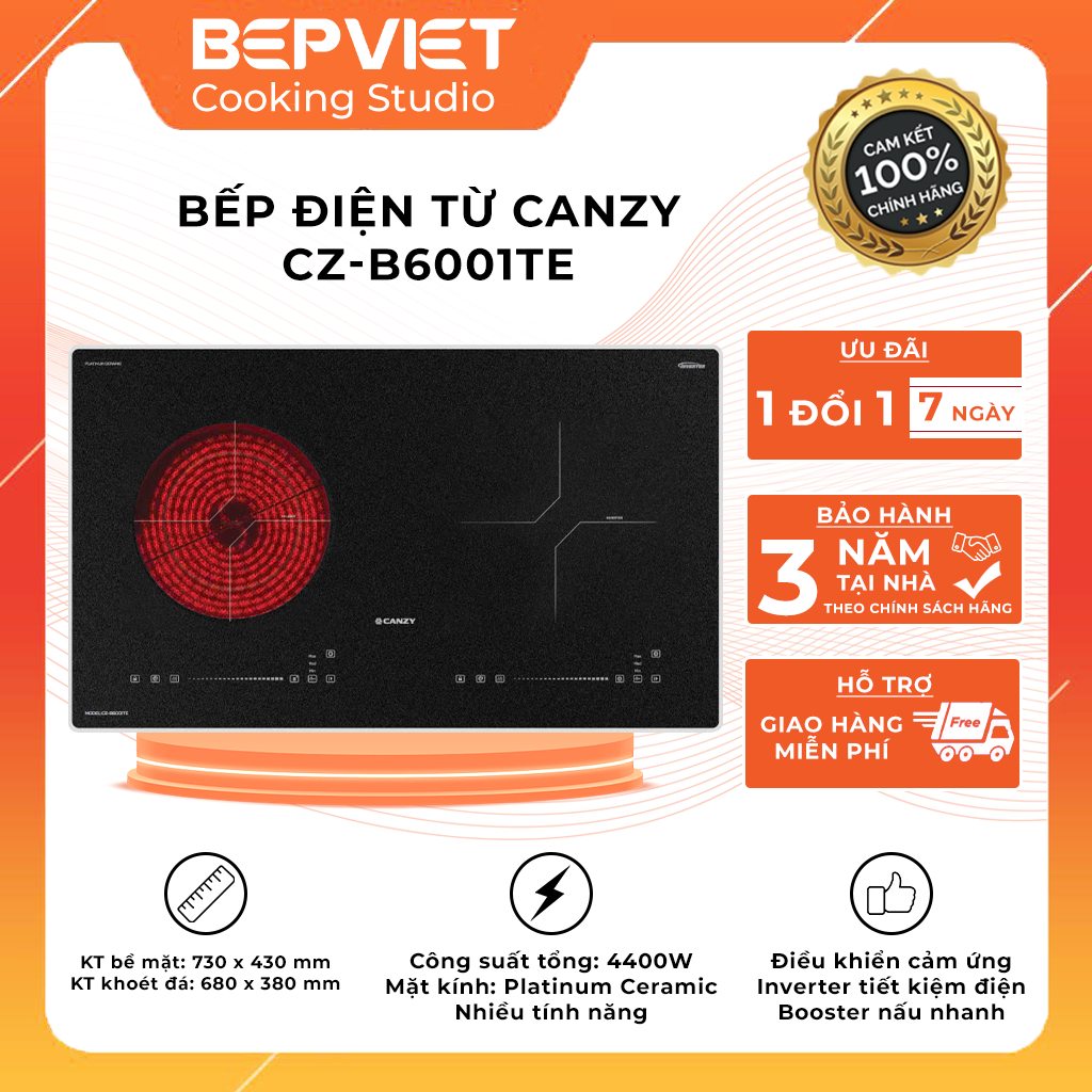 Bếp điện từ Canzy CZ-B6001TE [GIÁ SIÊU RẺ] Bếp có thể nấu được tất cả các loại nồi, inverter tiết kiệm điện