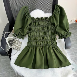 Áo Kiểu Nữ Có Bigsize Tay Phồng Nhún Bèo Vạt Xòe Dễ Thương Thân Nhún Chun Co Giãn Vải Lụa Chéo SM33