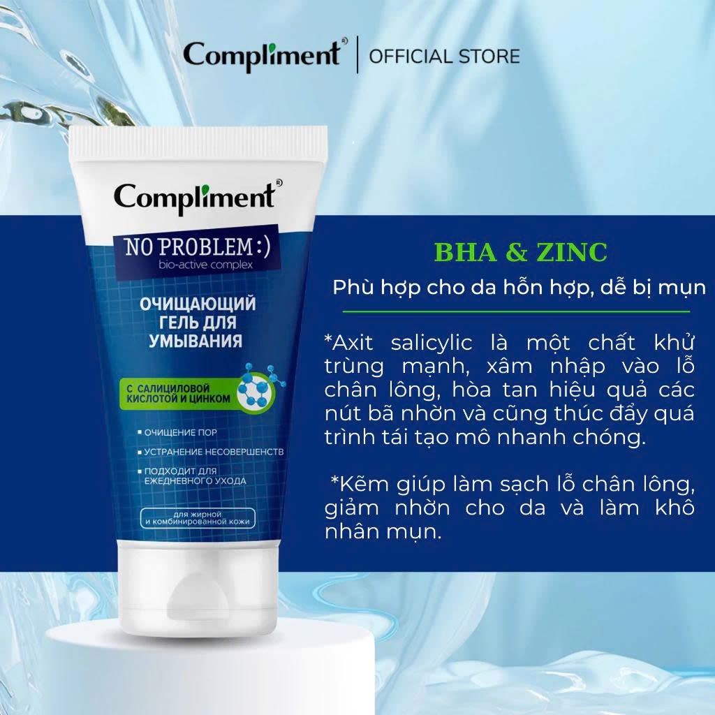 [HÀNG NHẬP KHẨU] Gel rửa mặt Compliment No Problem BHA làm sạch sâu, giảm viêm & mụn 200ml