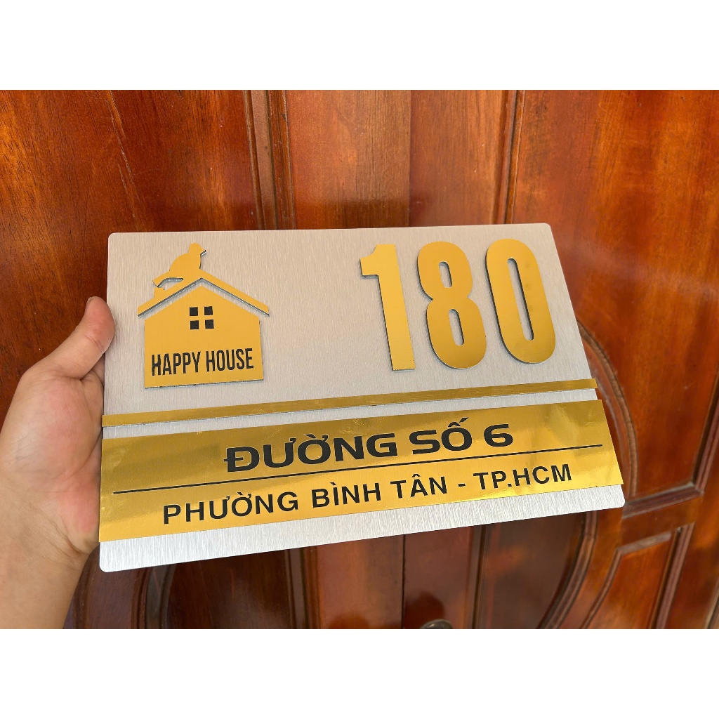 BIỂN SỐ NHÀ CAO CẤP nền xước bạc CHỮ VÀNG GƯƠNG