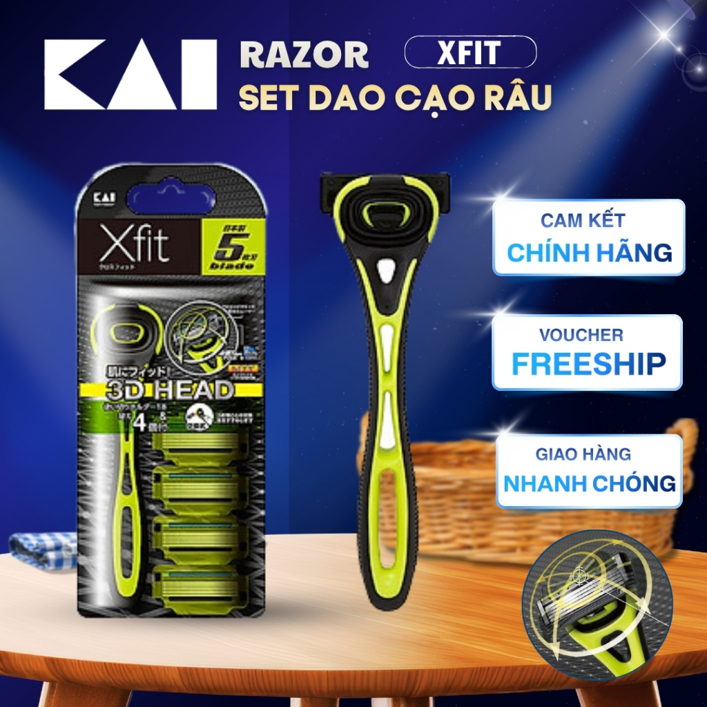 Dao cạo râu Kai Xfit 5 blade cao cấp Nhật màu xanh lá có 4 đầu thay và ...