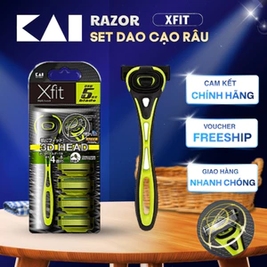 Dao cạo râu Kai Xfit 5 blade cao cấp Nhật màu xanh lá có 4 đầu thay và nắp nhựa bảo vệ (hộp dài)