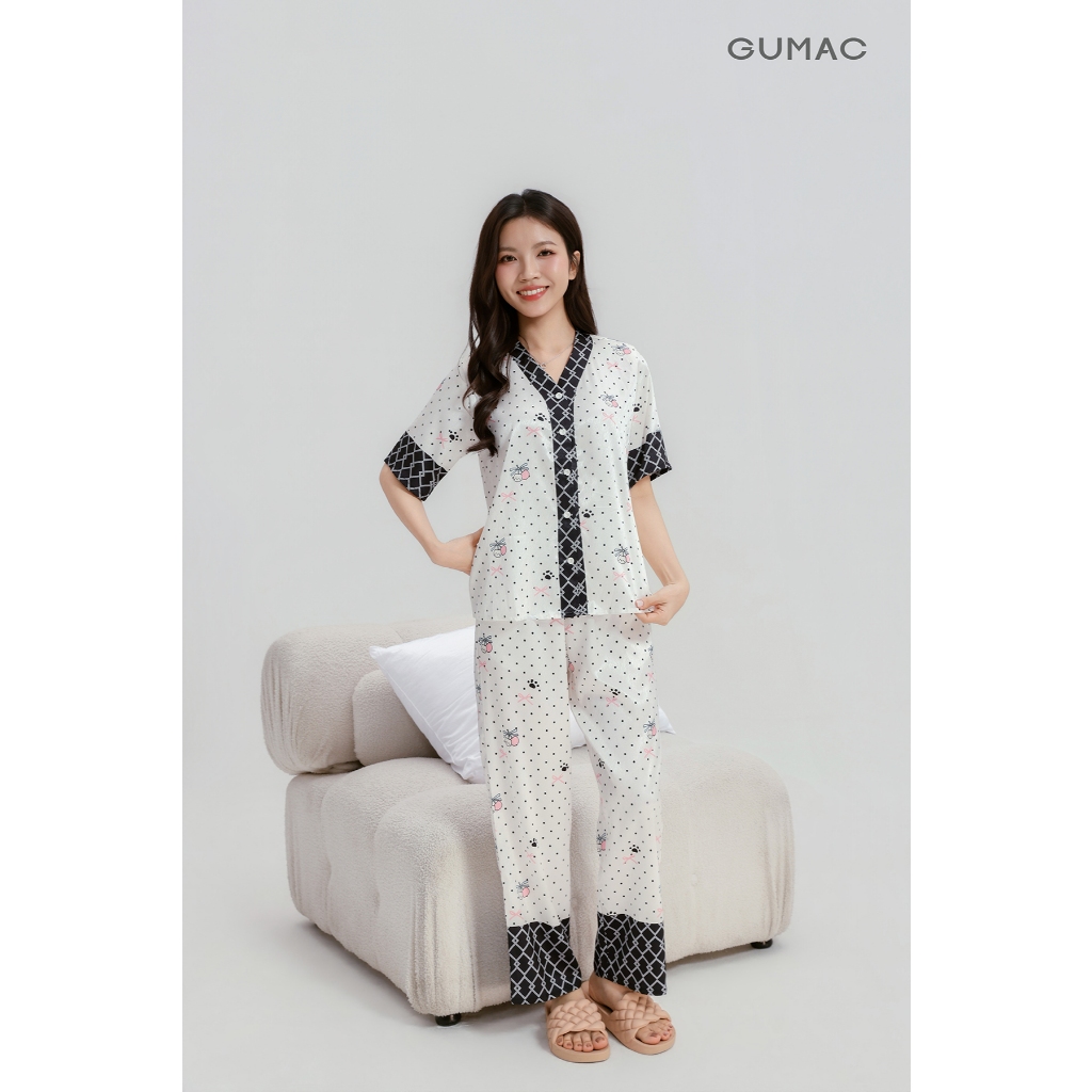 Bộ ngủ nữ Pyjama mặc nhà cao cấp GUMAC quần dài chất liệu lụa vân gỗ mềm mịn thoáng mát