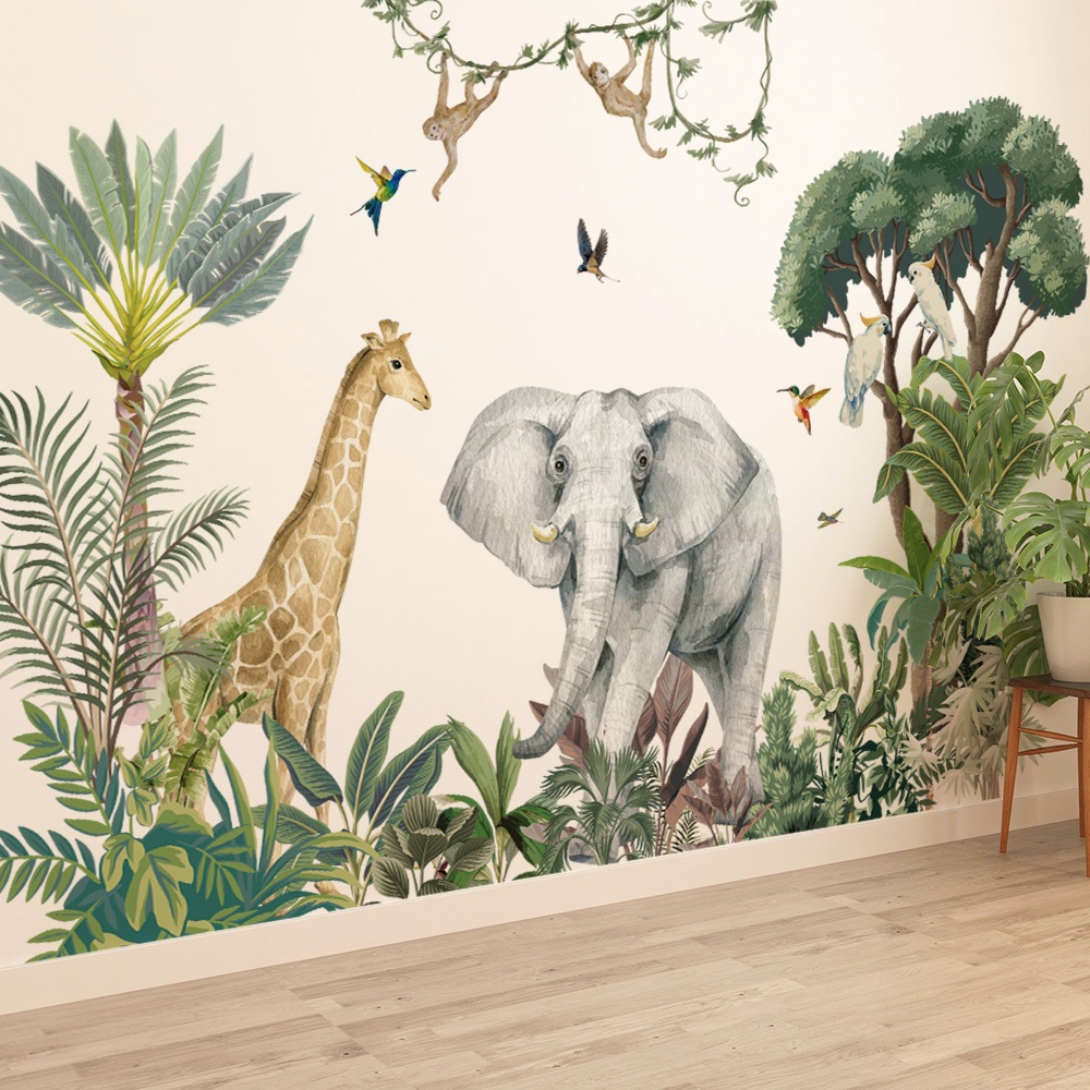 Decal Dán Tường Động Vật Rừng Nhiệt Đới Safari Có Keo Sẵn 95x57cm - Trang Trí Chân Tường Phòng Ngủ