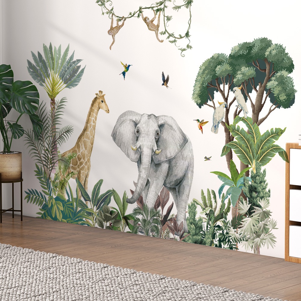 Decal Dán Tường Động Vật Rừng Nhiệt Đới Safari Có Keo Sẵn 95x57cm - Trang Trí Chân Tường Phòng Ngủ