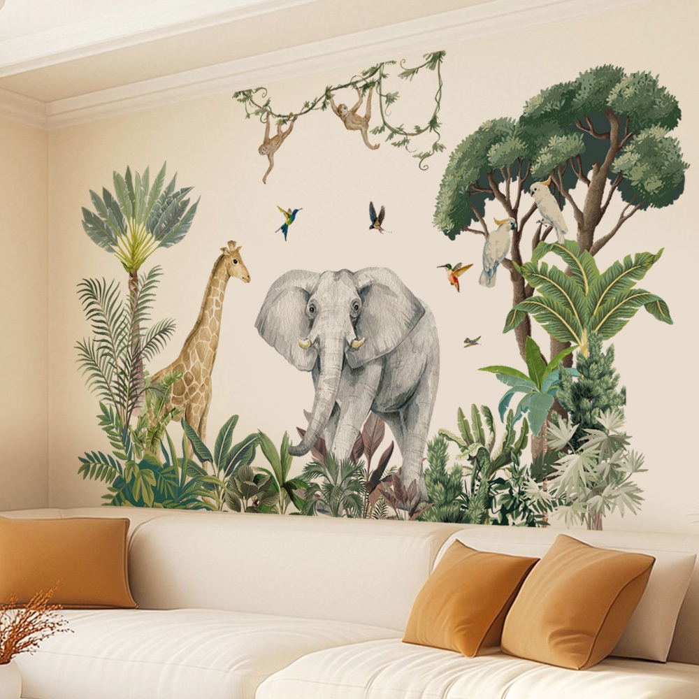 Decal Dán Tường Động Vật Rừng Nhiệt Đới Safari Có Keo Sẵn 95x57cm - Trang Trí Chân Tường Phòng Ngủ