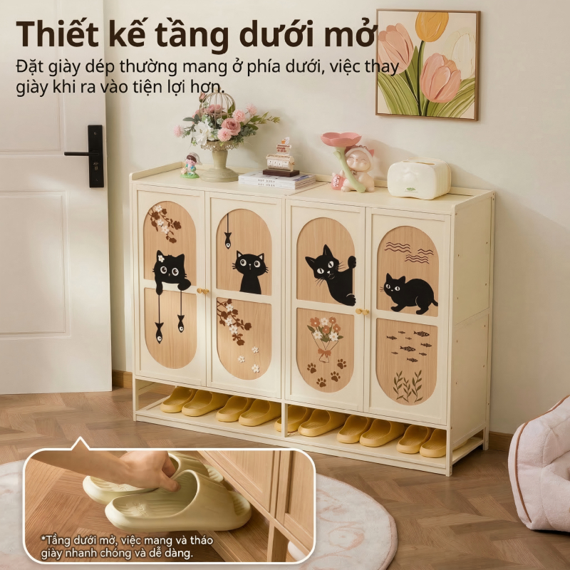 Tủ Đựng Giày Họa Tiết Mèo Con Tay Vẽ Phong Cách Dễ Thương Để Giày Gọn Và Trang Trí Phòng Khách