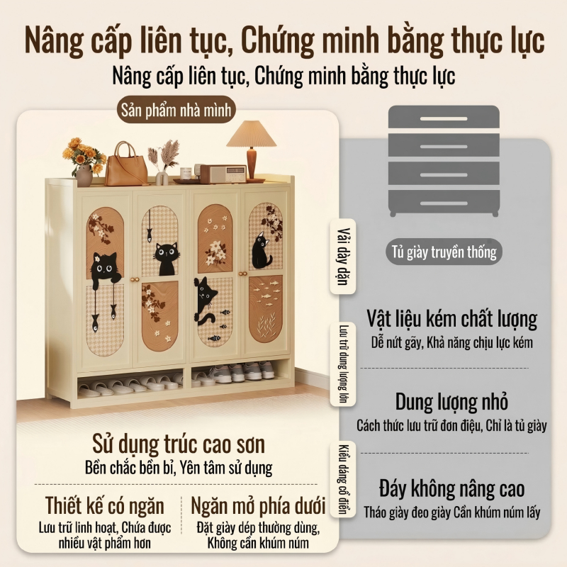 Tủ Đựng Giày Họa Tiết Mèo Con Tay Vẽ Phong Cách Dễ Thương Để Giày Gọn Và Trang Trí Phòng Khách