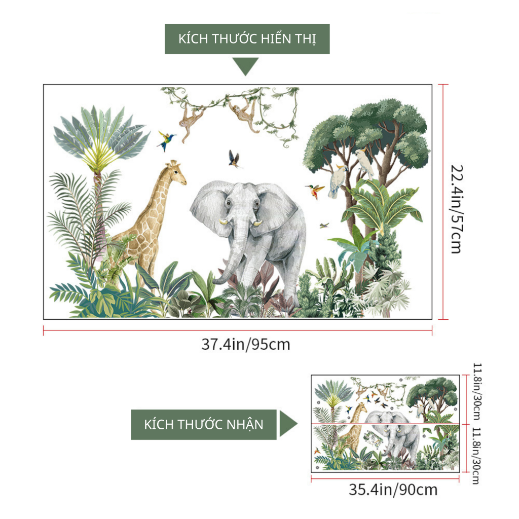 Decal Dán Tường Động Vật Rừng Nhiệt Đới Safari Có Keo Sẵn 95x57cm - Trang Trí Chân Tường Phòng Ngủ