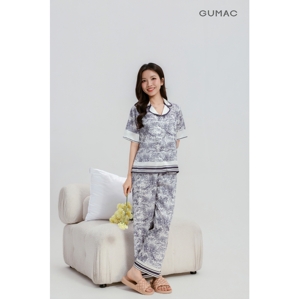 Bộ ngủ nữ Pyjama mặc nhà cao cấp GUMAC quần dài chất liệu lụa vân gỗ mềm mịn thoáng mát