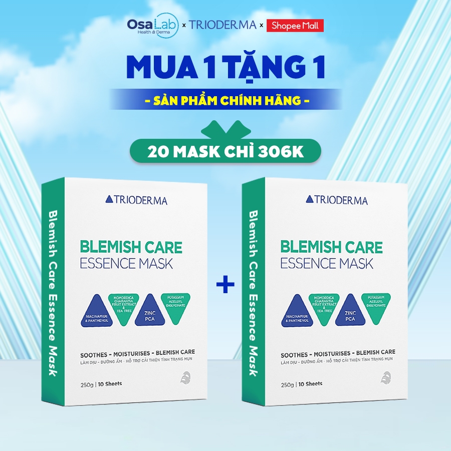 Mặt nạ hỗ trợ cải thiện mụn, giảm sưng viêm mụn, mờ thâm Blemish Care Essence Mask Trioderma hộp 10 miếng