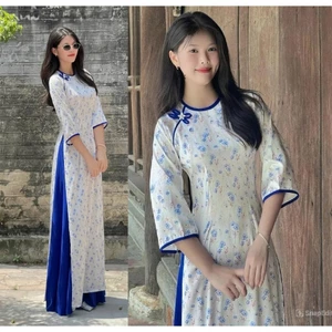 Áo dài cách tân dáng ôm hoa nhí không cổ đính nơ phối viền tay lỡ tà dài nhẹ nhàng nữ tính cổ tròn T1619G