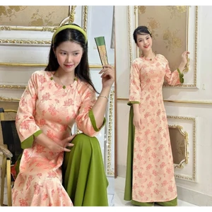 Áo dài tằm hoa đính cúc cổ tròn pastel dáng ôm tà dài cách tân Áo tân thời mặc lễ tết chụp ảnh đi chùa T1618G