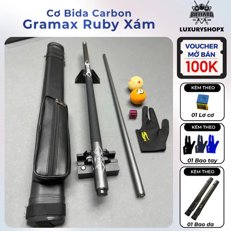 Cơ Bida Carbon Gramax Ruby Xám, Combo Bao Da+Găng Tay+Lơ+Cơ Bida Cao Cấp 19oz Chống Rung