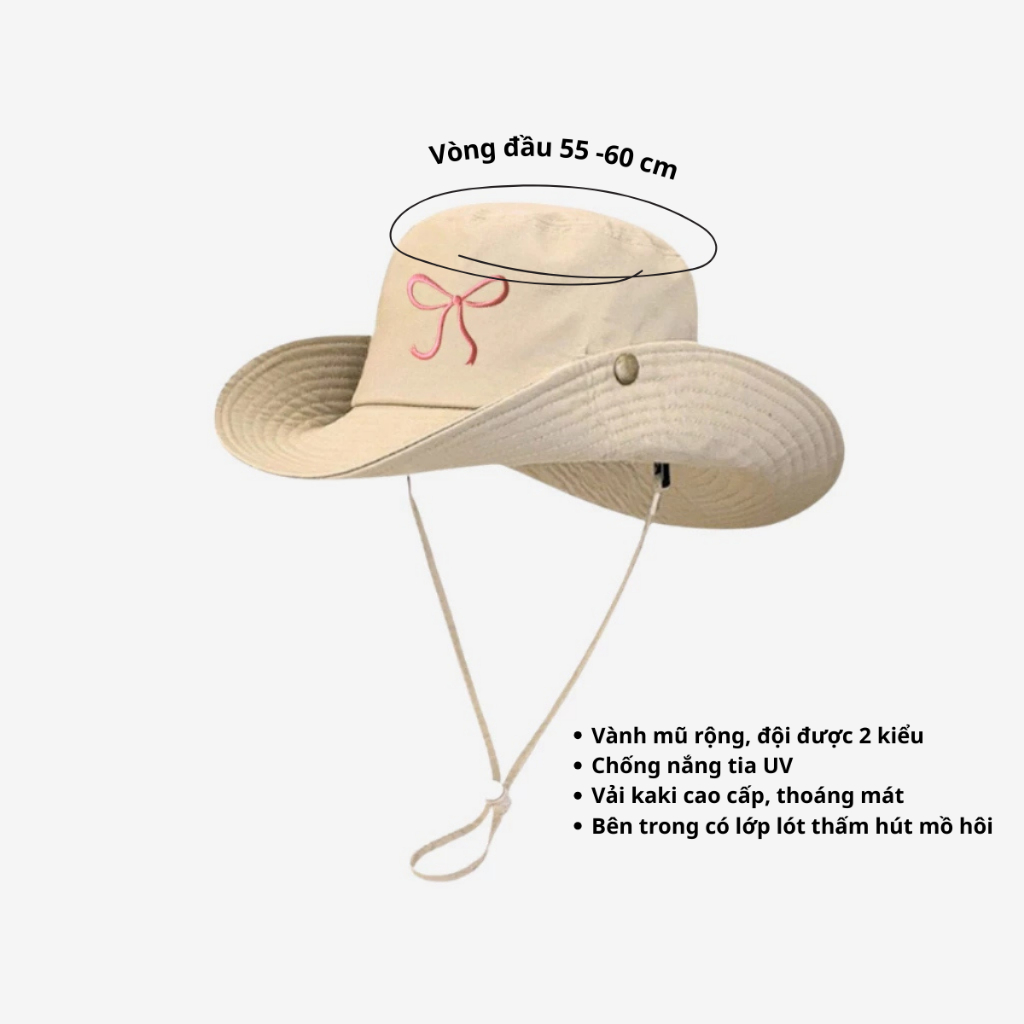 Mũ bucket tai bèo thêu hình nơ cá tính vải kaki dày dặn phong cách Hàn Quốc, nón cao bồi hình nơ dễ thương đi cắm trại