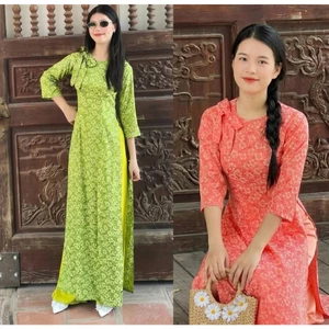 Áo dài ôm cổ tròn buộc nơ lụa gấm hoa nữ tính cách tân tà dài Áo tân thời không cổ tay lỡ T1617G