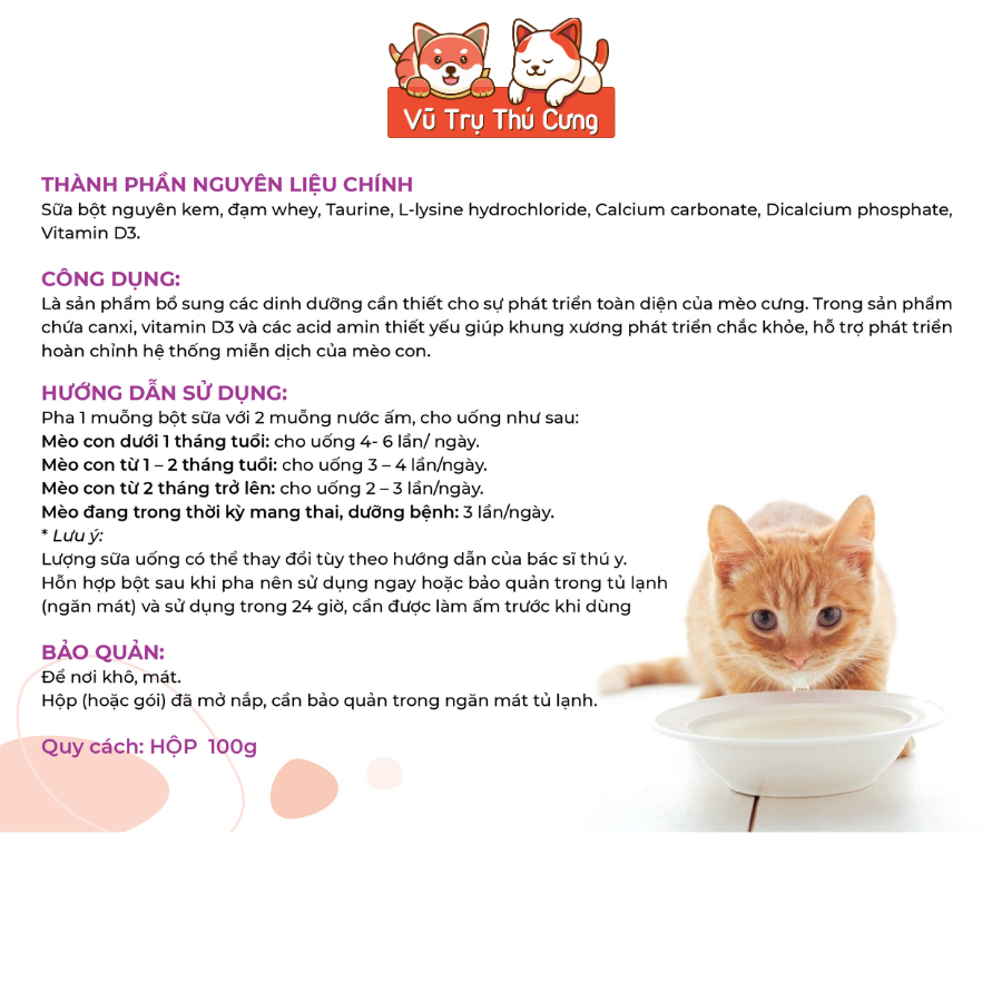 Sữa Cho Mèo Feline Milk Gói 100g Cung Cấp Dinh Dưỡng Cho Mèo