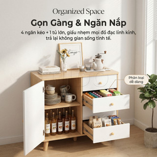 NIDO Tủ Đựng Đồ Tủ Búp Phê Gỗ 4 Ngăn Kéo Để Máy Pha Cafe Góc Chill Decor Phòng Khách Dày 1.2cm