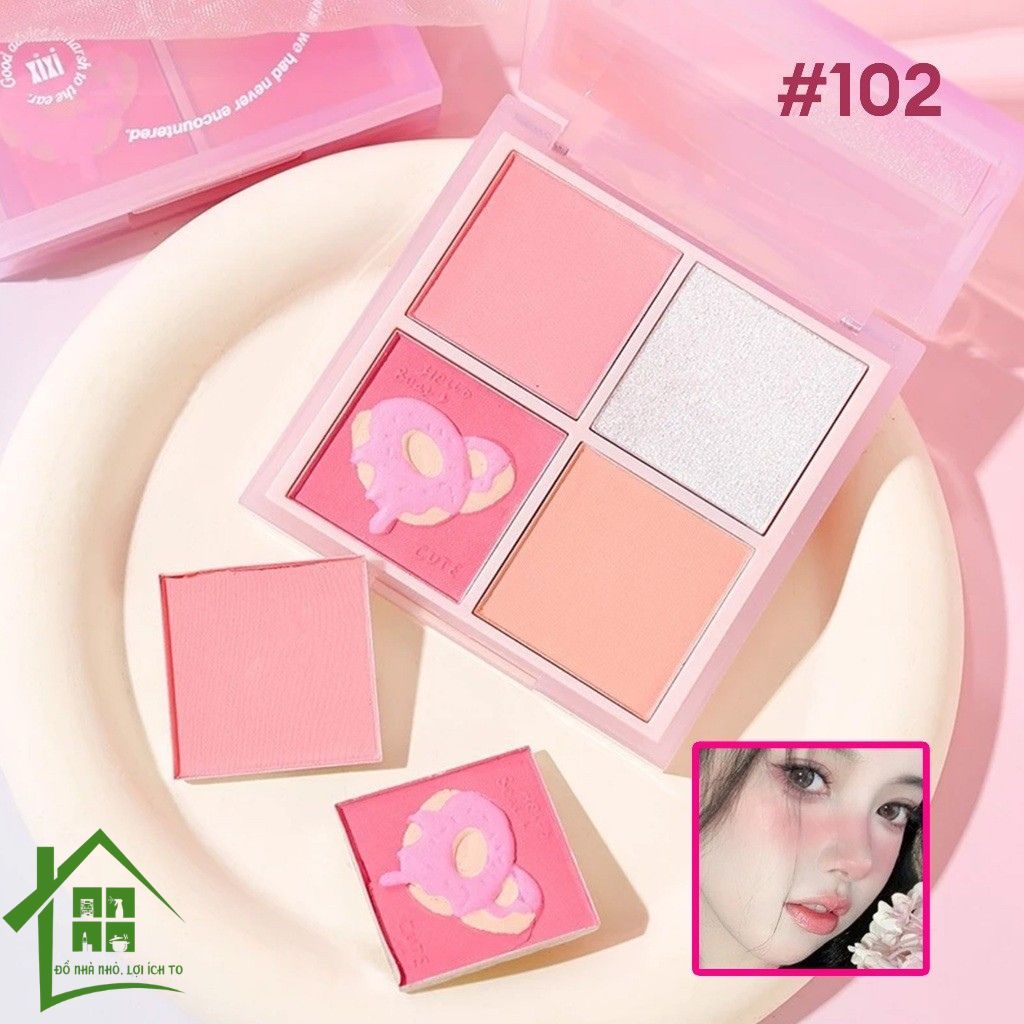 Phấn má hồng mịn lì XiXi 4 ô nhũ sáng highlight trang điểm tích hợp phấn mắt nhũ lì bền màu.