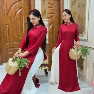 Áo dài đỏ đính cổ đá dáng ôm truyền thống mặc ăn hỏi đám cưới bưng quả Áo tân thời mẹ sui basic trung niên T1616G