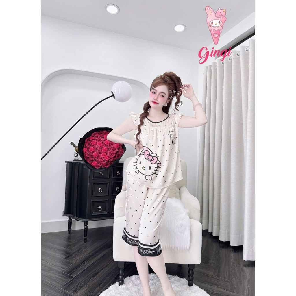 [ Size40/60kg Đồ Lửng230524 ]Đồ nữ mặc nhà áo tay tiên quần lửng hoạ tiết xinh xắn đáng yêu chất lụa latin cao cấp