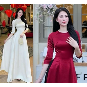 Set Áo Dài Nữ Cách Tân Lụa Tráng Gương Trơn Sang Trọng Cổ Tròn Đính Ngọc Trai Tôn Dáng, Diện Tết Đi Tiệc Dạo Phố T1543G