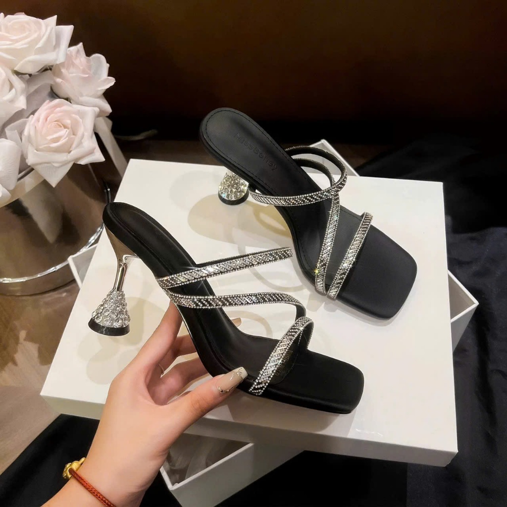 Sandal Cao Gót 7cm Gót Xoắn Đính Đá Cone Heel – Dép Nữ Quai Mảnh Lấp Lánh, Sang Trọng Dự Tiệc