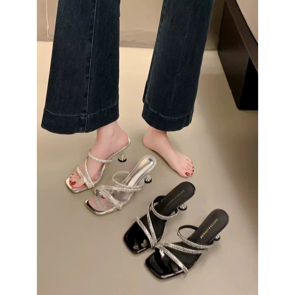 Sandal Cao Gót 7cm Gót Xoắn Đính Đá Cone Heel – Dép Nữ Quai Mảnh Lấp Lánh, Sang Trọng Dự Tiệc