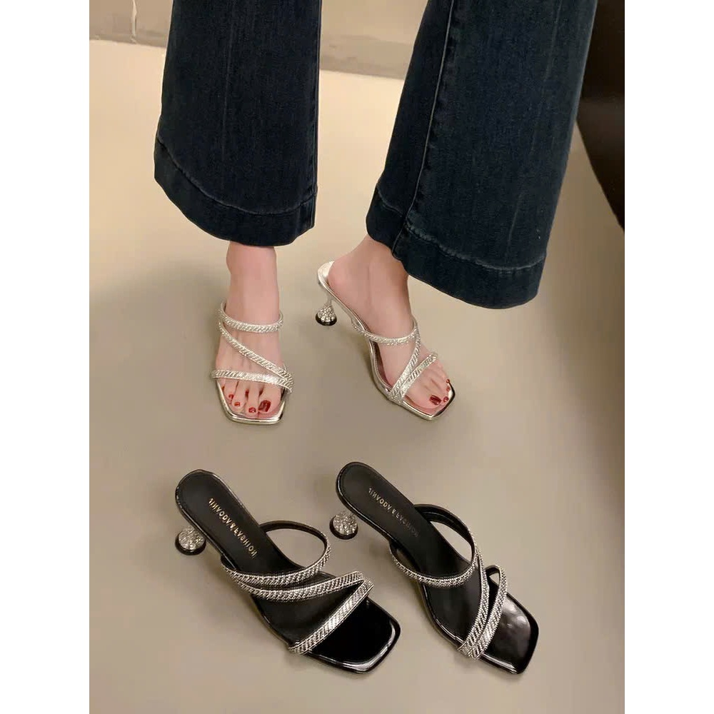 Sandal Cao Gót 7cm Gót Xoắn Đính Đá Cone Heel – Dép Nữ Quai Mảnh Lấp Lánh, Sang Trọng Dự Tiệc