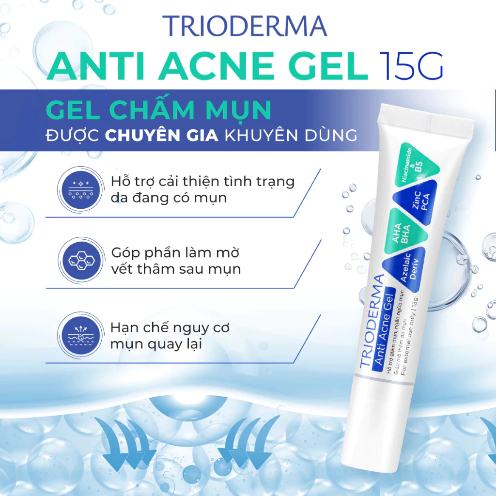 Gel chấm giảm mụn Trioderma Anti Acne Gel 15g Kem hỗ trợ mờ thâm, sáng da, ngăn ngừa mụn
