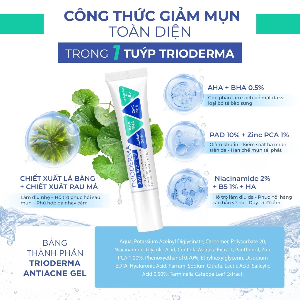 Kem Giảm Mụn Trioderma Anti Acne Gel 15g Hỗ Trợ Sáng Da, Kiềm Dầu Se Khít Lỗ Chân Lông, Phục Hồi