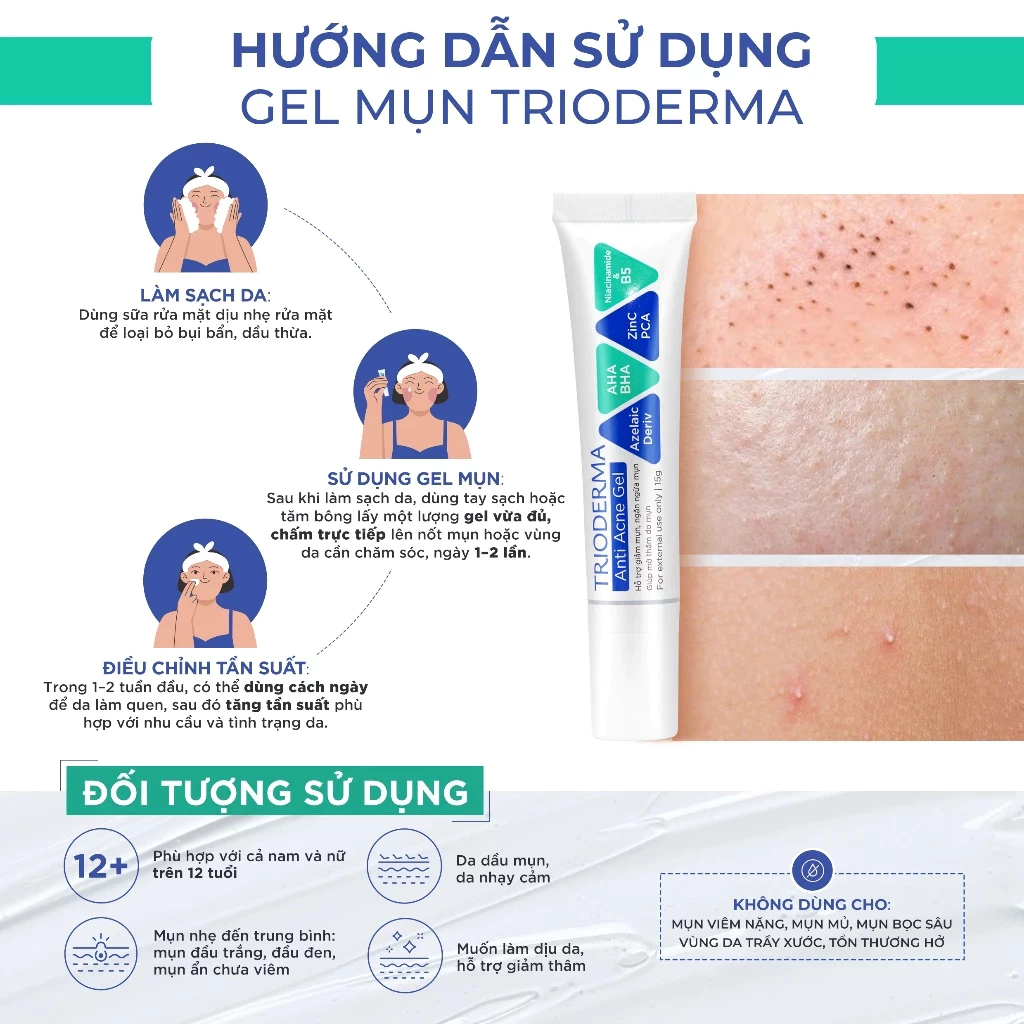 Gel chấm giảm mụn Trioderma Anti Acne Gel 15g Kem hỗ trợ mờ thâm, sáng da, ngăn ngừa mụn