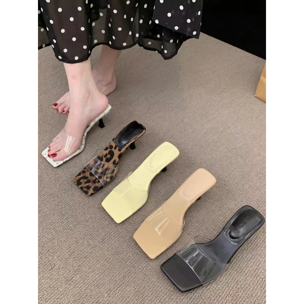 Dép Cao Gót 5cm Quai Trong Suốt Mica Bản To Cone Heel – Dép Nữ Mũi Vuông Thanh Lịch, Tôn Dáng