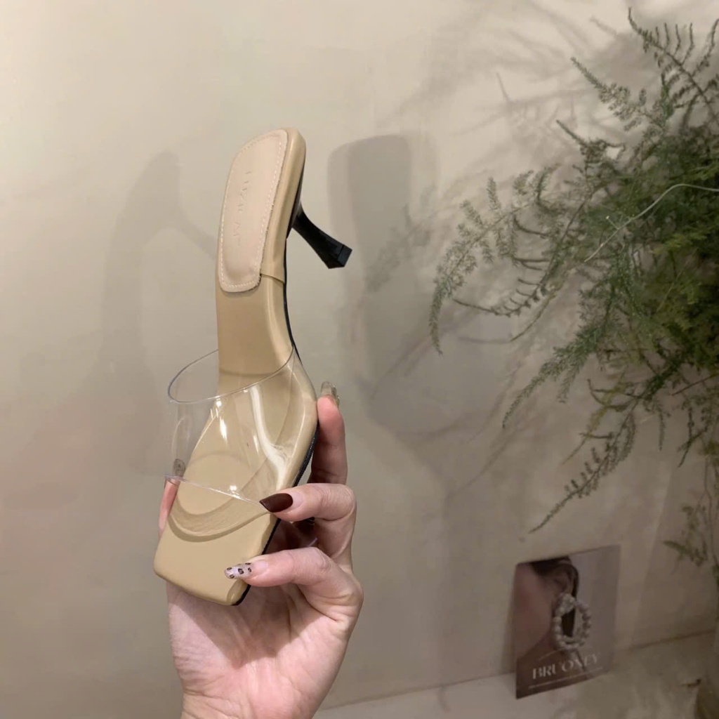 Dép Cao Gót 5cm Quai Trong Suốt Mica Bản To Cone Heel – Dép Nữ Mũi Vuông Thanh Lịch, Tôn Dáng