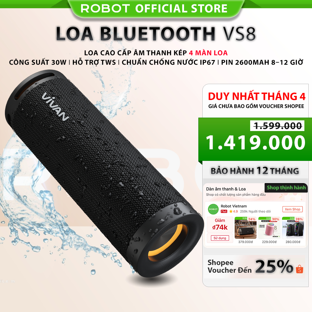 Loa Bluetooth Mini ROBOT VS8 phiên bản cao cấp 30W