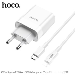 Bộ cốc 2 cổng kèm cáp sạc TypeC to LaiNing Hoco C80A cổng USB QC 3.0 và TypeC PD 20W (Trắng) - Phụ Kiện Nhất Tín