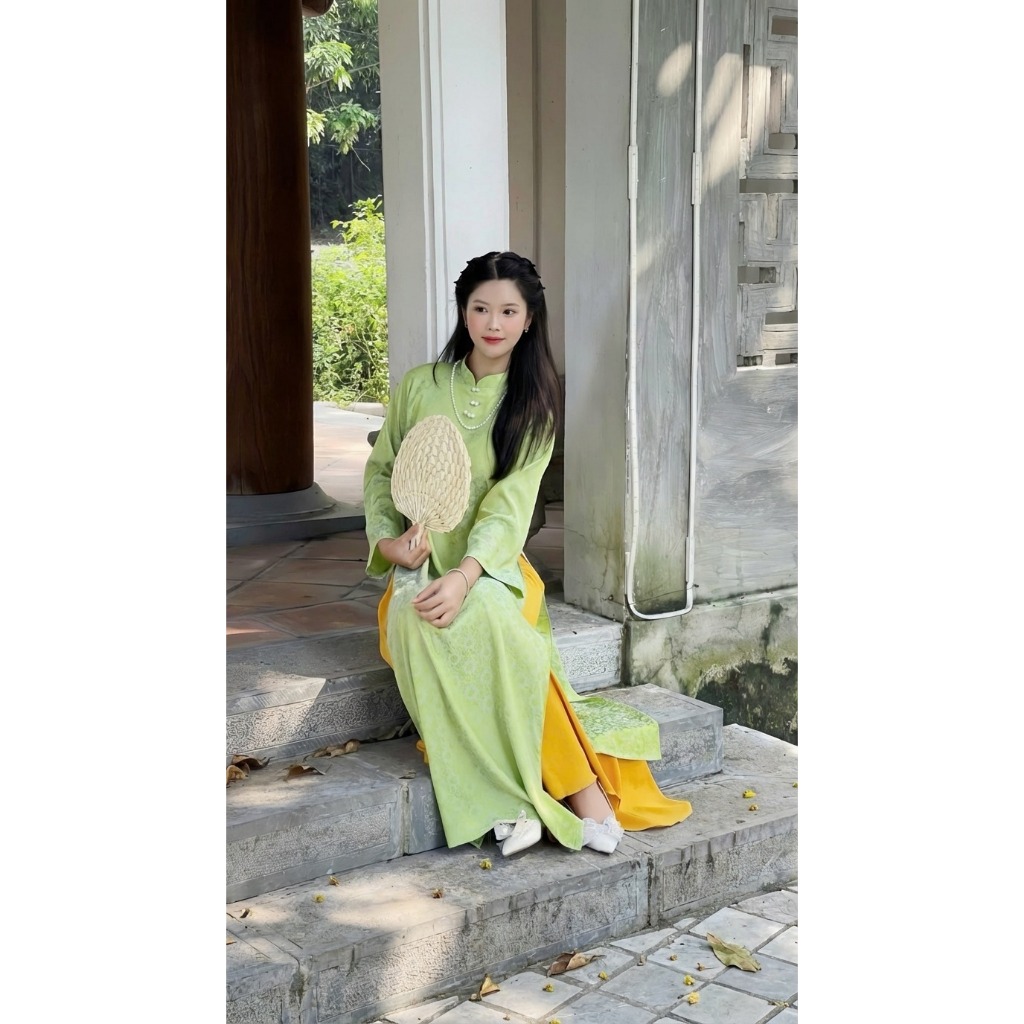 Áo Dài Cách Tân Nữ Dáng Suông Che Khuyết Điểm  Đính Khuy Giữa Chất Lụa Gấm Hoa Mềm Mịn Đi Lễ Chùa, Chụp Ảnh T1575G