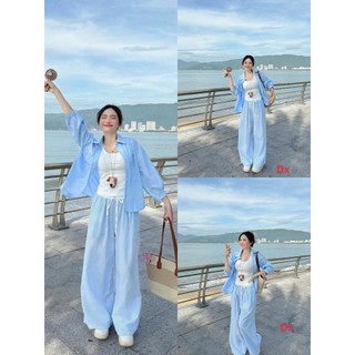 Set bộ thời trang nữ trẻ trung năng động áo sơ mi chất lụa áo balo lót quần dài xốp sọc ống rộng mất mẻ