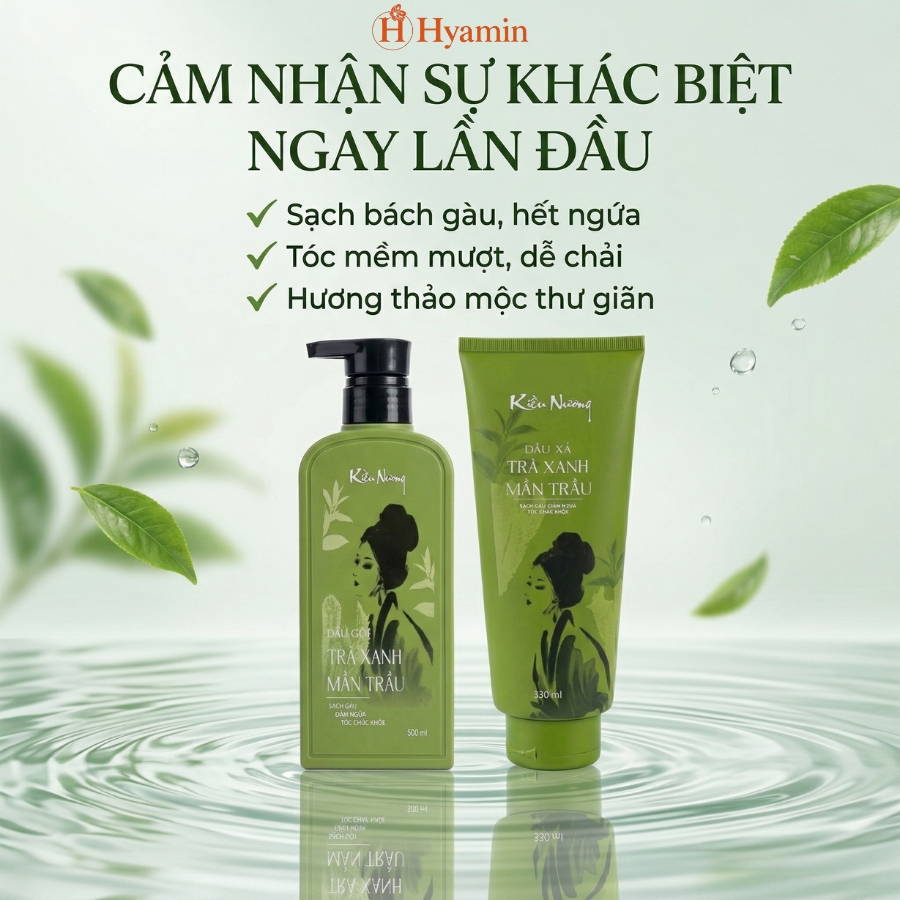 Bộ Dầu Gội Xả Sạch Gàu Kiều Nương, hương trà xanh, mần trầu dưỡng tóc, giảm ngứa, chắc khỏe