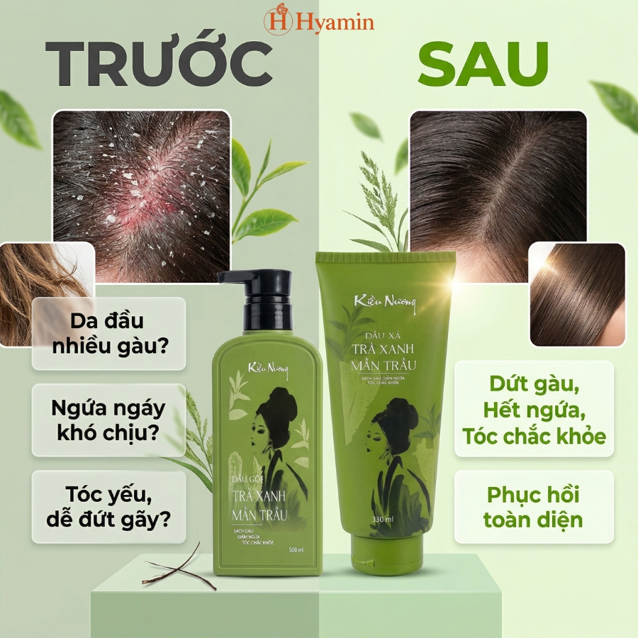 Bộ Dầu Gội Xả Sạch Gàu Kiều Nương, hương trà xanh, mần trầu dưỡng tóc, giảm ngứa, chắc khỏe