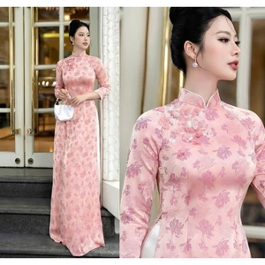 Áo Dài Gấm Hoa Màu Hồng Phấn Thiết Kế Đính Hoa 3D Thủ Công Sang Trọng - Set Áo Dài Nữ Dự Tiệc Đám Cưới, Lễ Tết T1568G