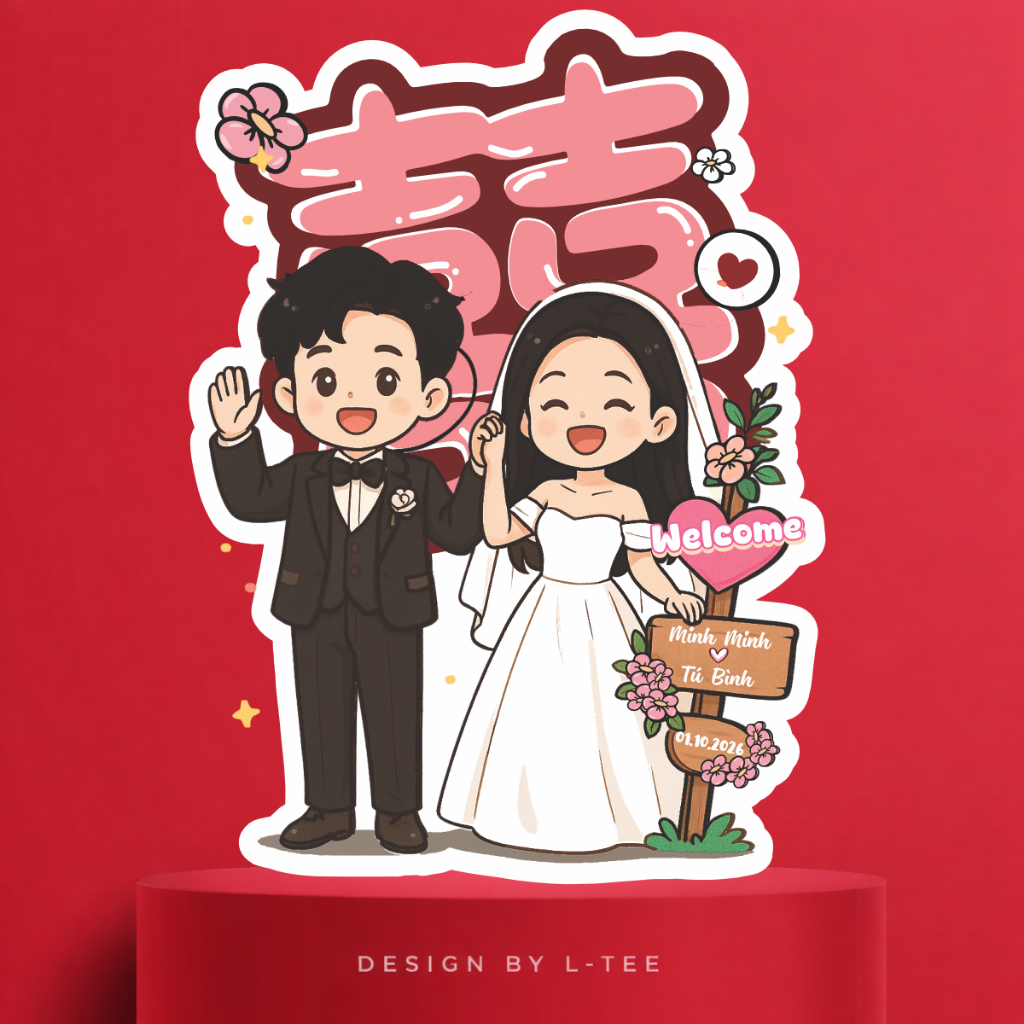 Bảng Welcome Đám Cưới Chibi Song Hỷ In Tên Theo Yêu Cầu Trang Trí Gia Tiên Dễ Thương